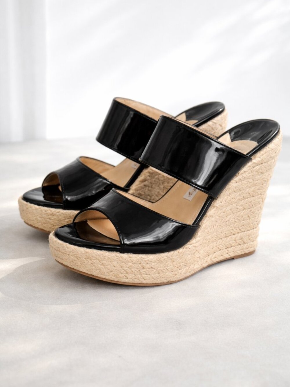Jimmy Choo Black Patent Espadrille Platform Wedges